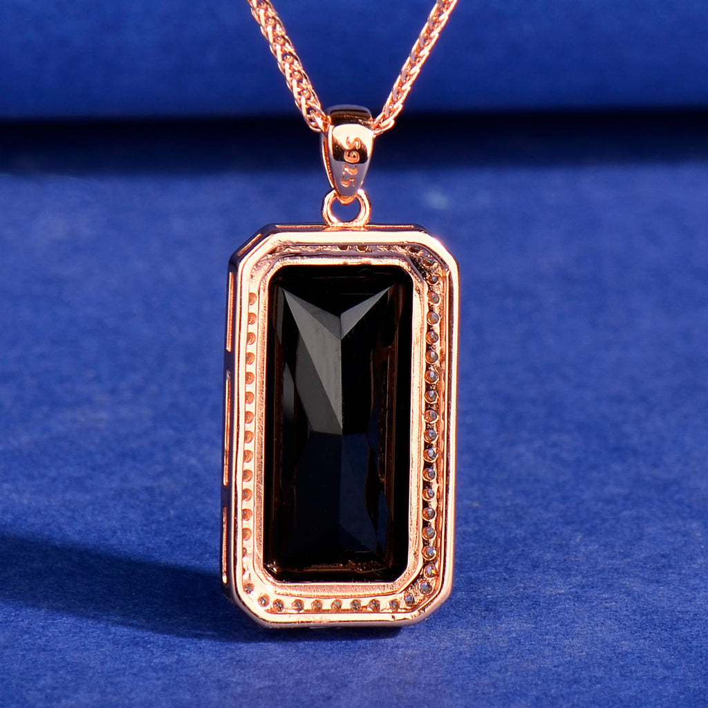 925 Sterling Silver Black Onyx Pendant Necklace for Women | Emerald Cut Halo Gemstone Necklace | Silver & Rose Gold Gift for Her