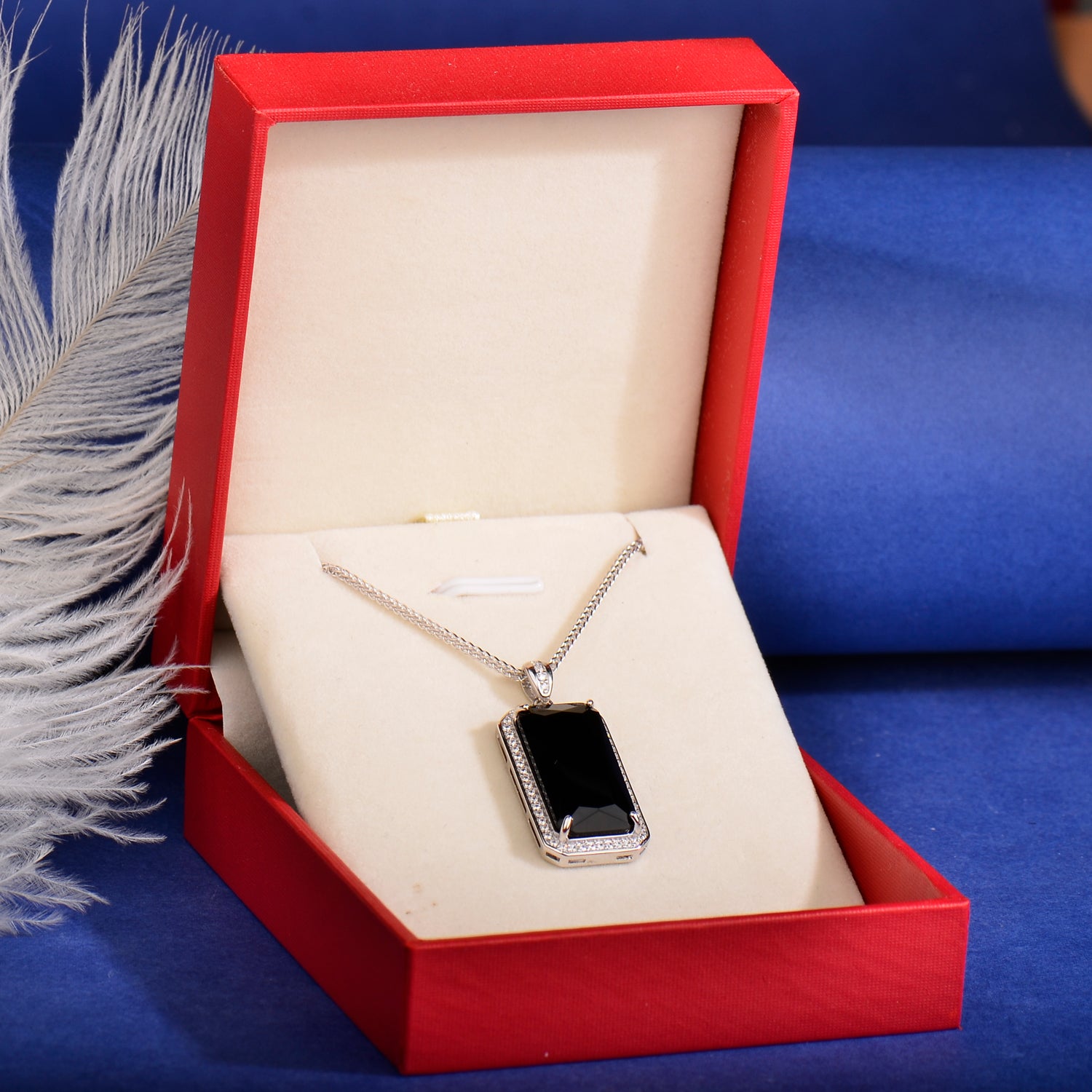 925 Sterling Silver Black Onyx Pendant Necklace for Women | Emerald Cut Halo Gemstone Necklace | Silver & Rose Gold Gift for Her