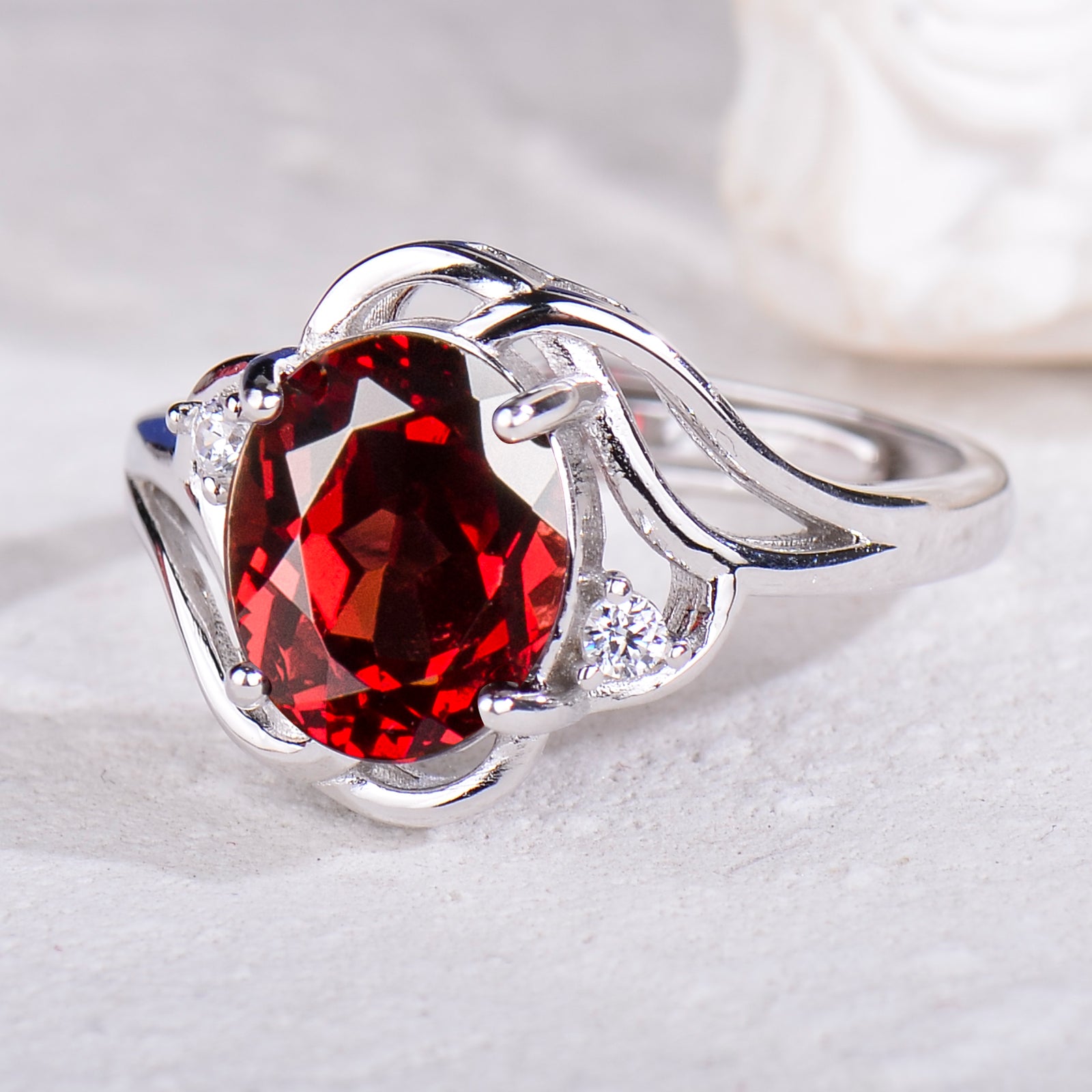 Natural Garnet S925 Sterling Silver Ring for Women | Wave Twist Adjustable Red Gemstone Ring | Elegant Mother's Day, Valentine's, Christmas Jewelry Gift for Her