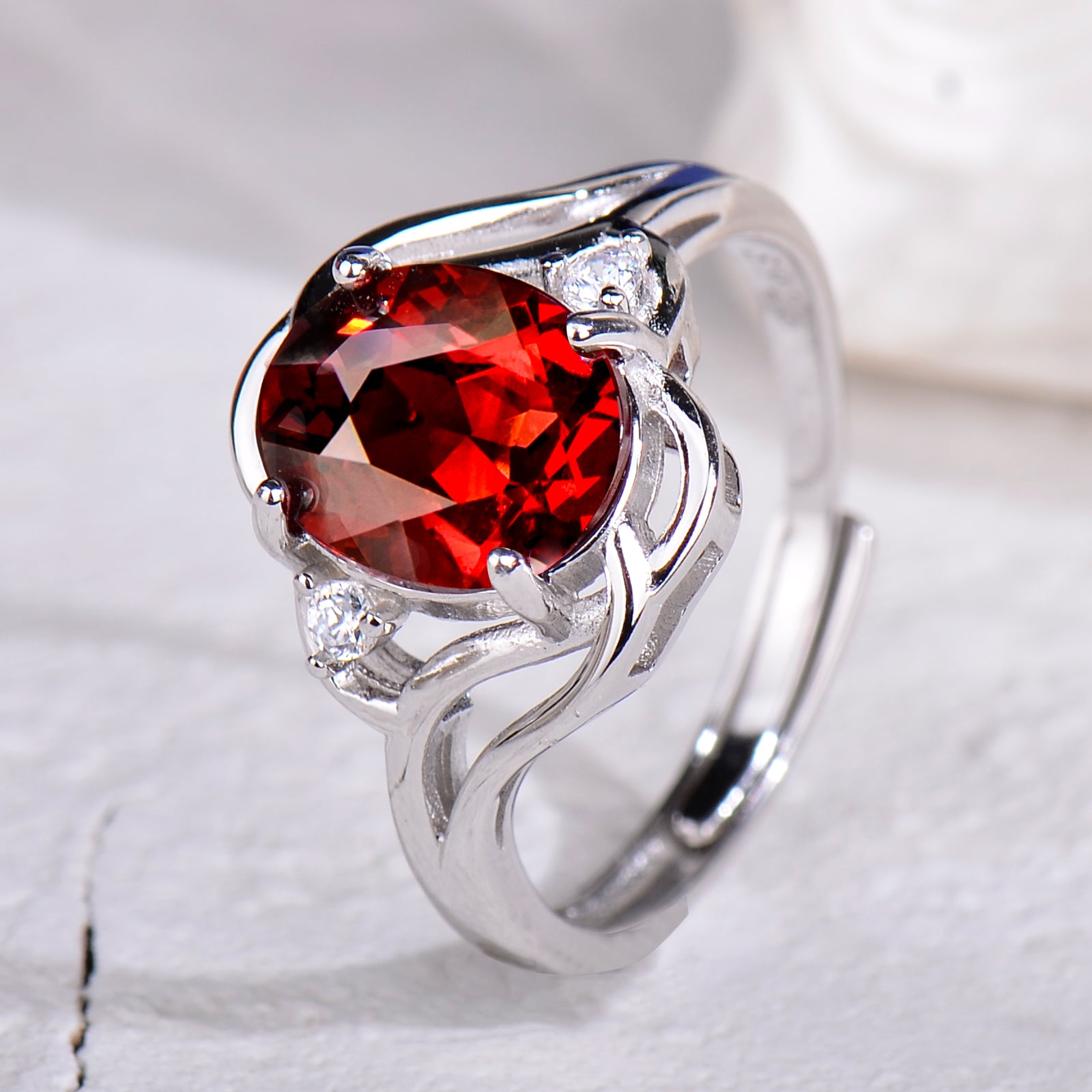 Natural Garnet S925 Sterling Silver Ring for Women | Wave Twist Adjustable Red Gemstone Ring | Elegant Mother's Day, Valentine's, Christmas Jewelry Gift for Her