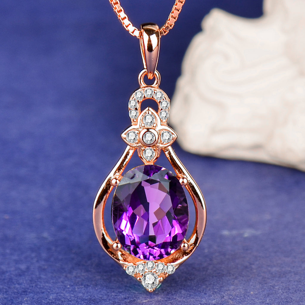 925 Sterling Silver Amethyst Pendant Necklace – Elegant Purple Gemstone Drop Necklace for Women | Rose Gold & Silver Options | Gift for Her