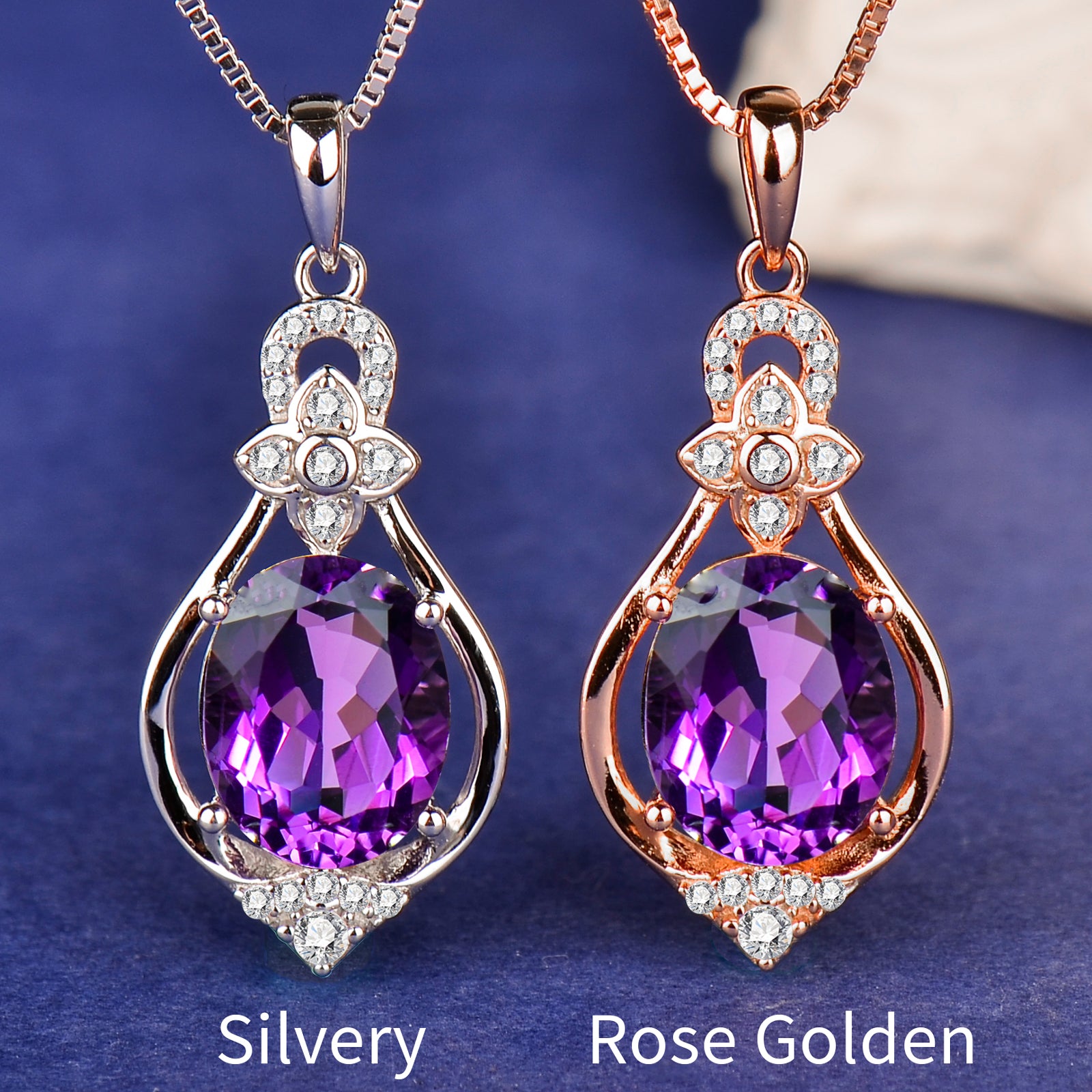 925 Sterling Silver Amethyst Pendant Necklace – Elegant Purple Gemstone Drop Necklace for Women | Rose Gold & Silver Options | Gift for Her