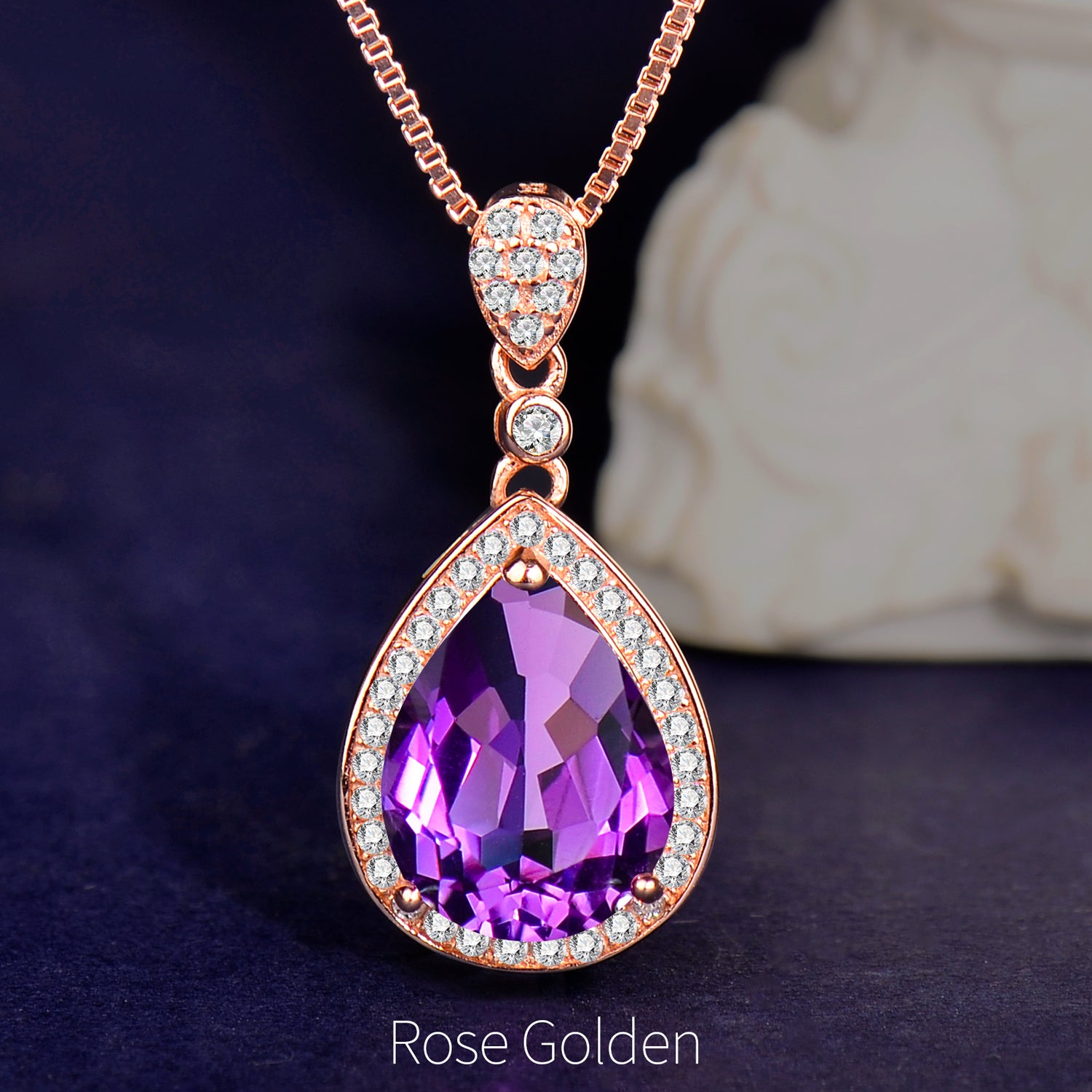 925 Sterling Silver Natural Amethyst Pendant Necklace for Women | Pear Cut Gemstone Halo Necklace | Elegant Gift for Her