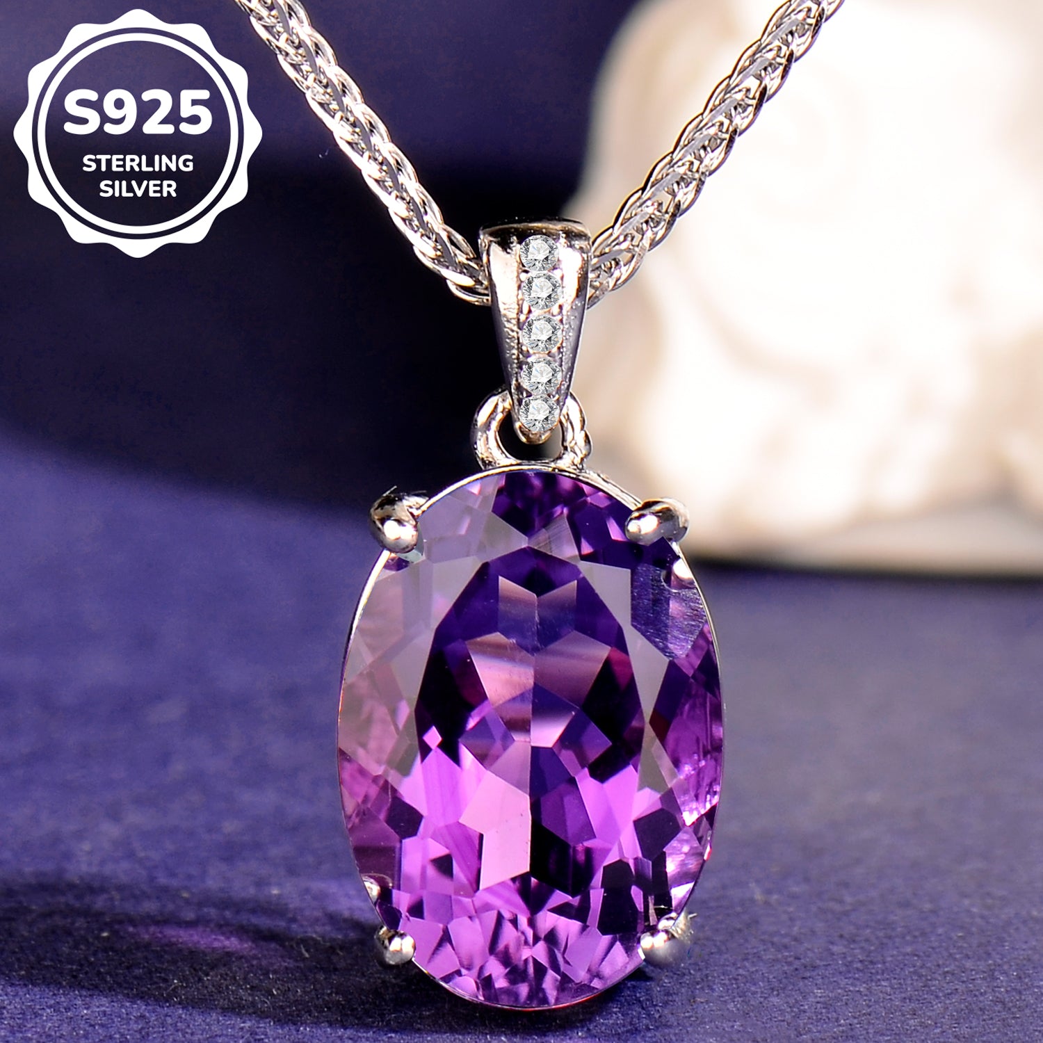 925 Sterling Silver Natural Amethyst Pendant Necklace with Adjustable Chain – 10x14mm Gemstone Jewelry Gift for Women