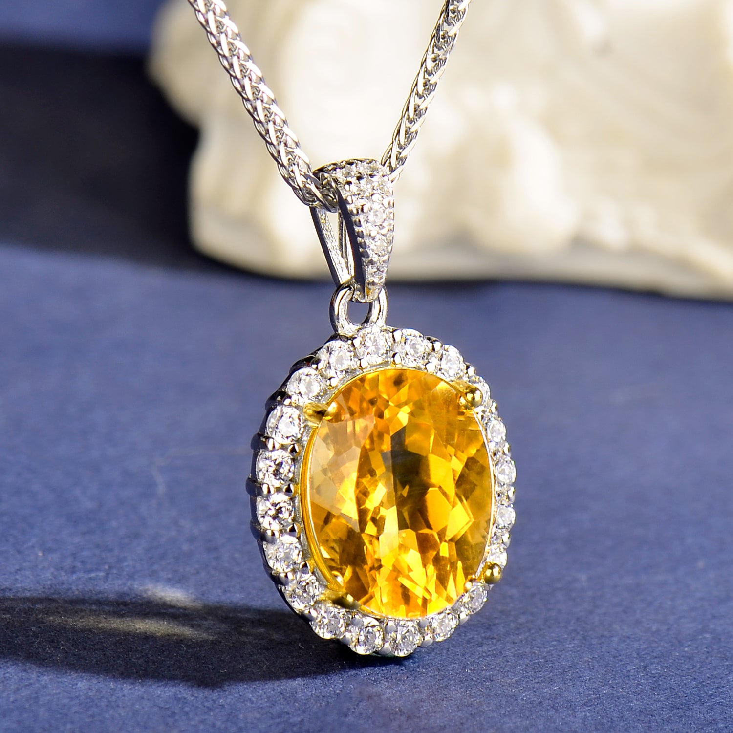 925 Sterling Silver Natural Citrine Oval Pendant Necklace for Women – Elegant Halo Design Yellow Gemstone Jewelry Gift for Her, Birthday & Holiday