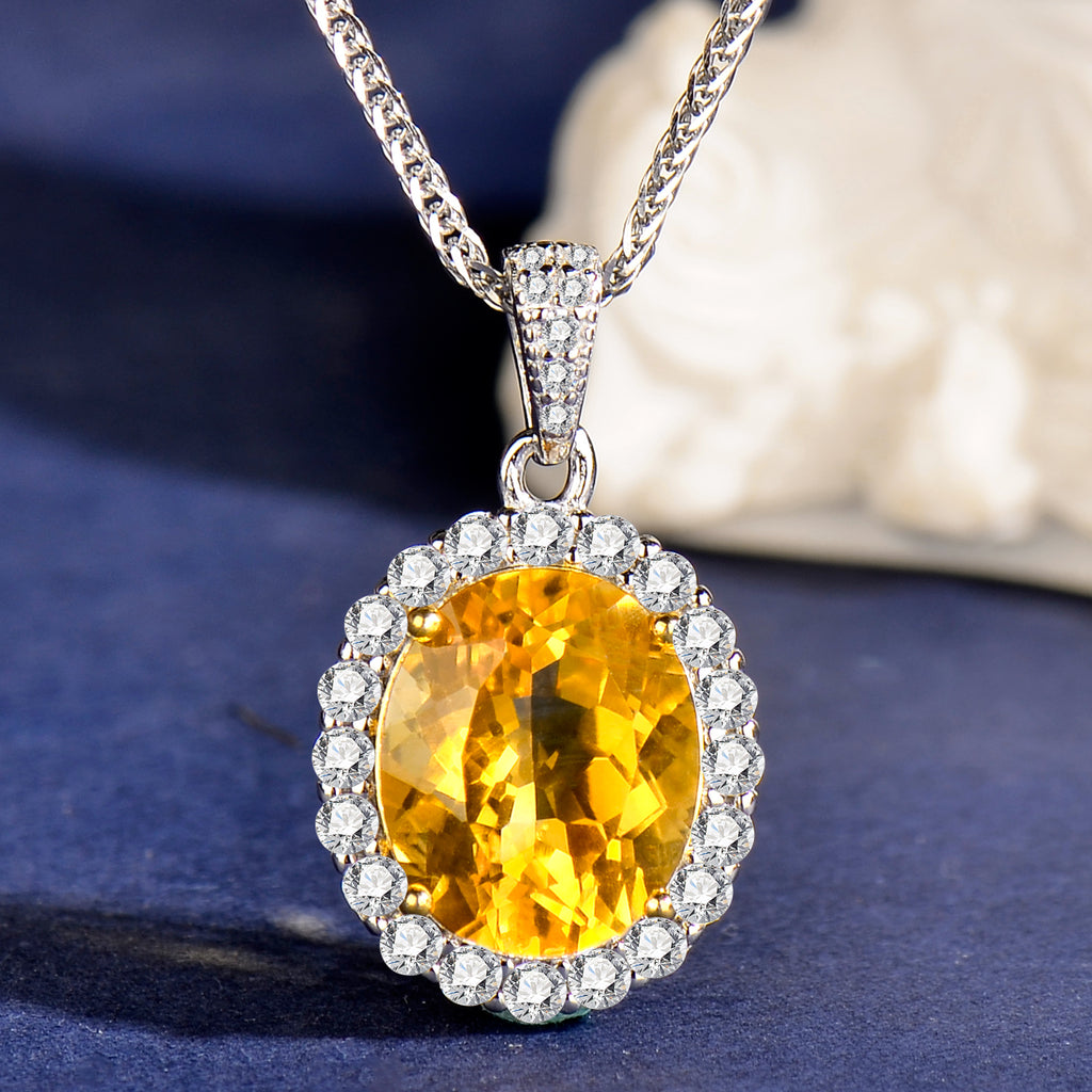 925 Sterling Silver Natural Citrine Oval Pendant Necklace for Women – Elegant Halo Design Yellow Gemstone Jewelry Gift for Her, Birthday & Holiday