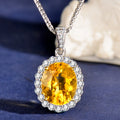 925 Sterling Silver Natural Citrine Oval Pendant Necklace for Women – Elegant Halo Design Yellow Gemstone Jewelry Gift for Her, Birthday & Holiday