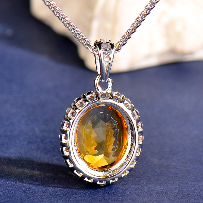 925 Sterling Silver Natural Citrine Oval Pendant Necklace for Women – Elegant Halo Design Yellow Gemstone Jewelry Gift for Her, Birthday & Holiday