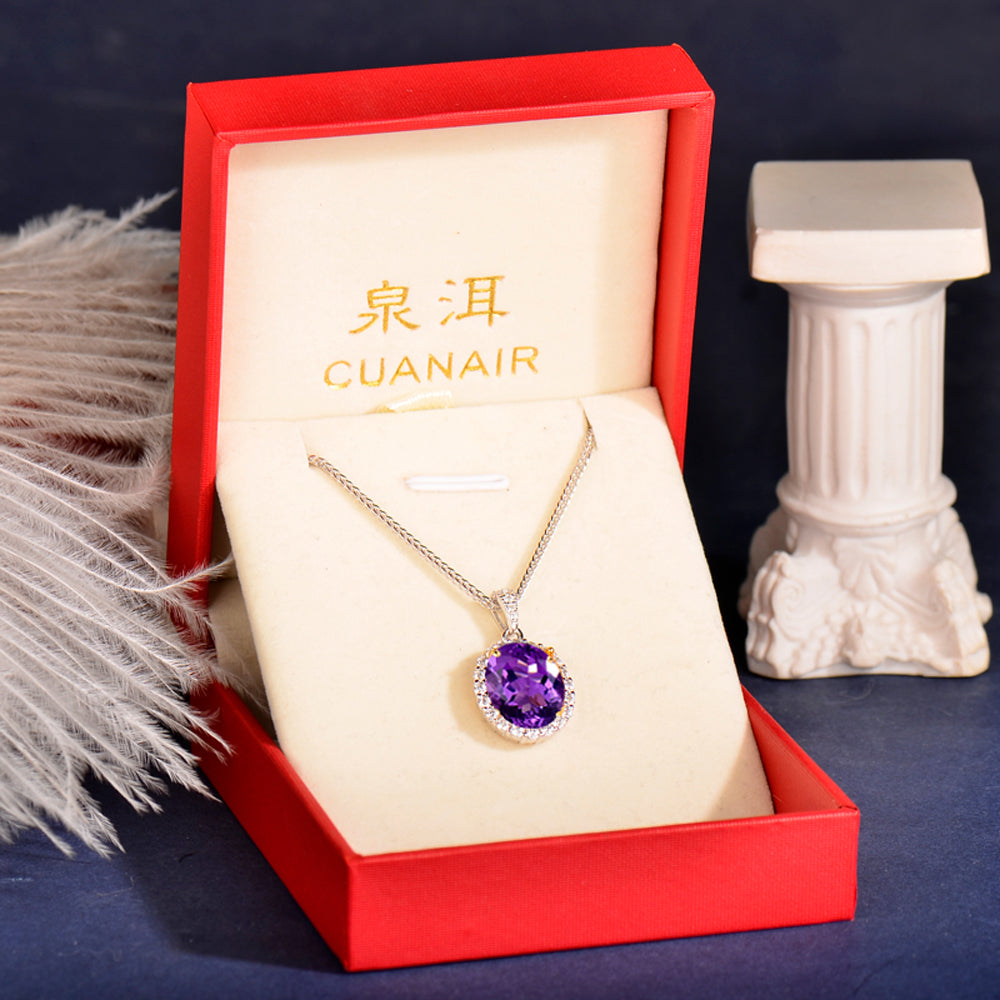 925 Sterling Silver Natural Amethyst Pendant Necklace for Women | Oval Halo Gemstone Necklace | Elegant Gift for Her