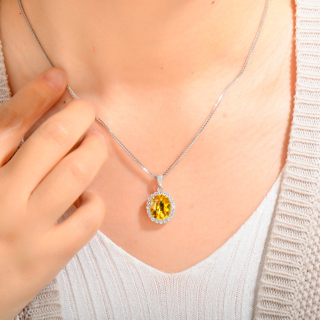 925 Sterling Silver Natural Citrine Oval Pendant Necklace for Women – Elegant Halo Design Yellow Gemstone Jewelry Gift for Her, Birthday & Holiday