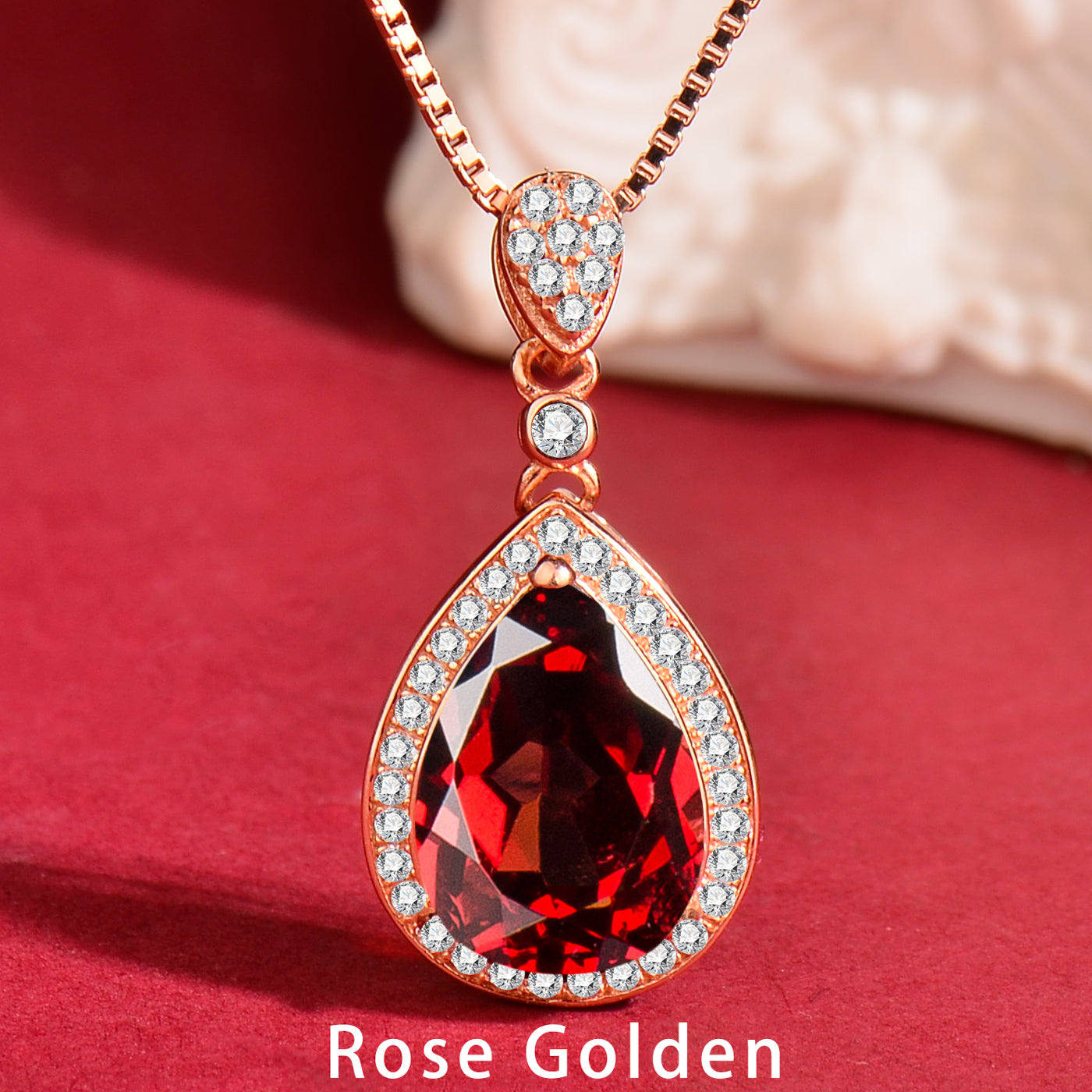 925 Sterling Silver Natural Garnet Teardrop Pendant Necklace for Women – Rose Gold & Silver Tone Elegant Dainty Birthstone Necklace – Gift for Her, Birthday, Valentine’s Day, Christmas