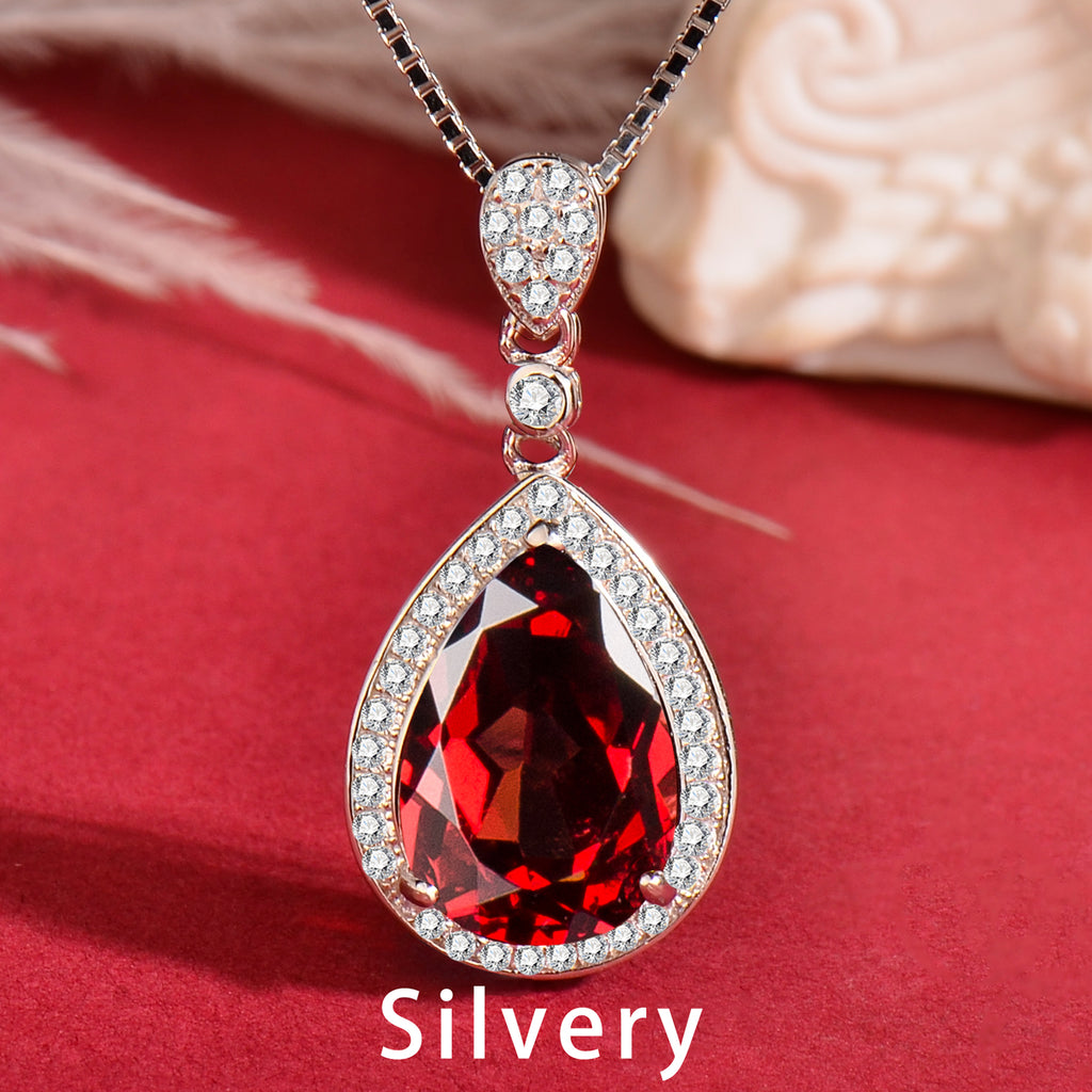 925 Sterling Silver Natural Garnet Teardrop Pendant Necklace for Women – Rose Gold & Silver Tone Elegant Dainty Birthstone Necklace – Gift for Her, Birthday, Valentine’s Day, Christmas