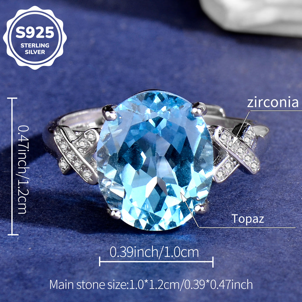 S925 Sterling Silver Natural Topaz Ring for Women | Adjustable Elegant Blue Gemstone Luxury Rings | Valentine's Mother's Day Birthday Jewelry Gift