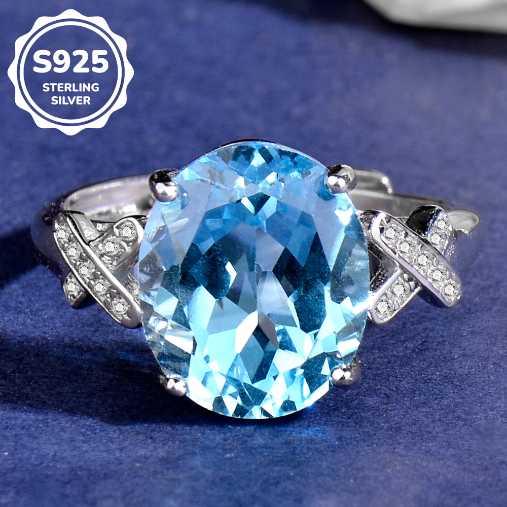 S925 Sterling Silver Natural Topaz Ring for Women | Adjustable Elegant Blue Gemstone Luxury Rings | Valentine's Mother's Day Birthday Jewelry Gift
