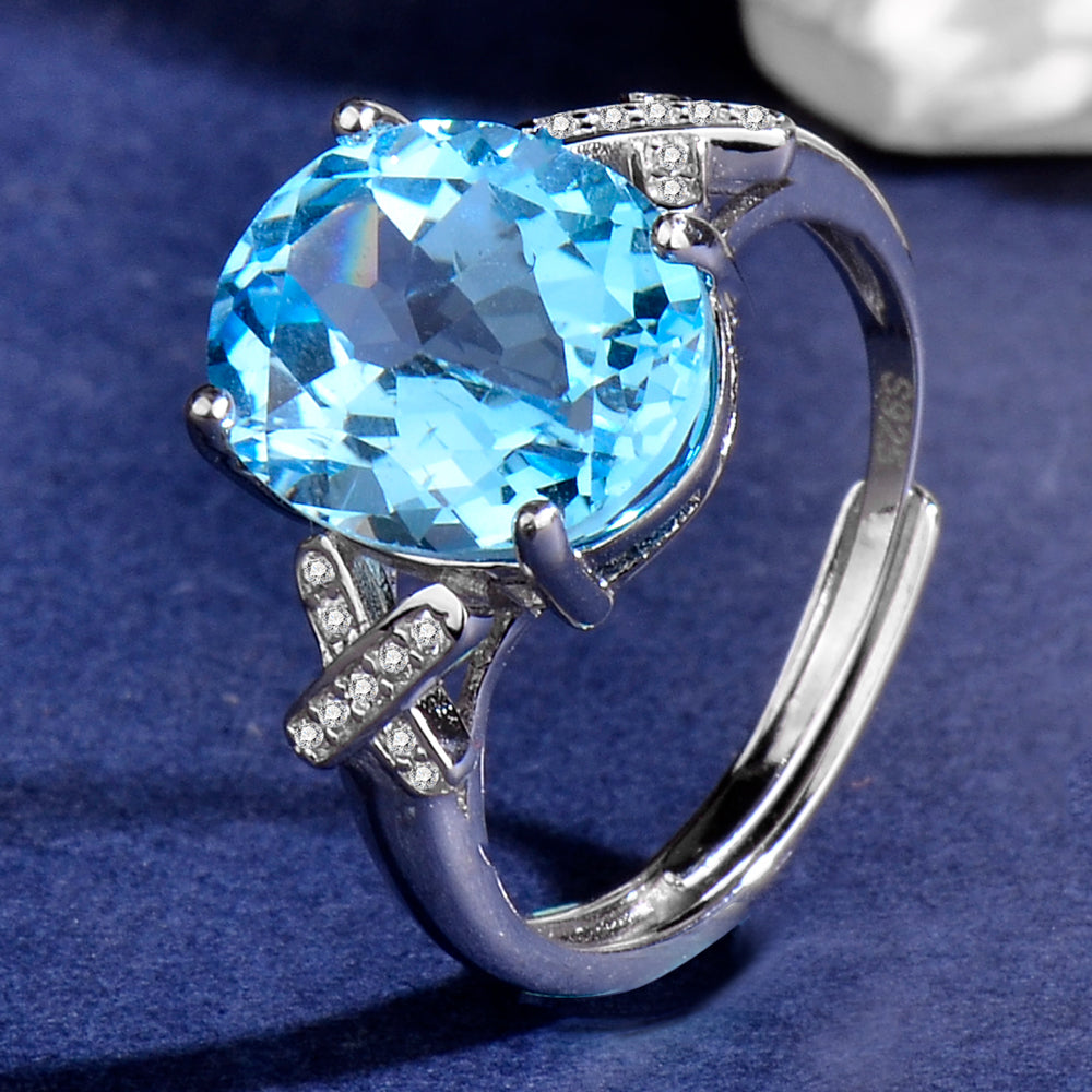 S925 Sterling Silver Natural Topaz Ring for Women | Adjustable Elegant Blue Gemstone Luxury Rings | Valentine's Mother's Day Birthday Jewelry Gift
