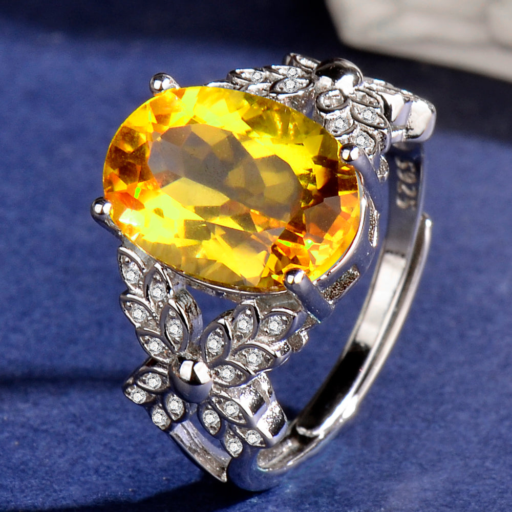 Luxury 925 Sterling Silver Natural Citrine Ring for Women | Adjustable Open Ring with 10×14 mm Oval Gemstone | Elegant Jewelry Gift for Her