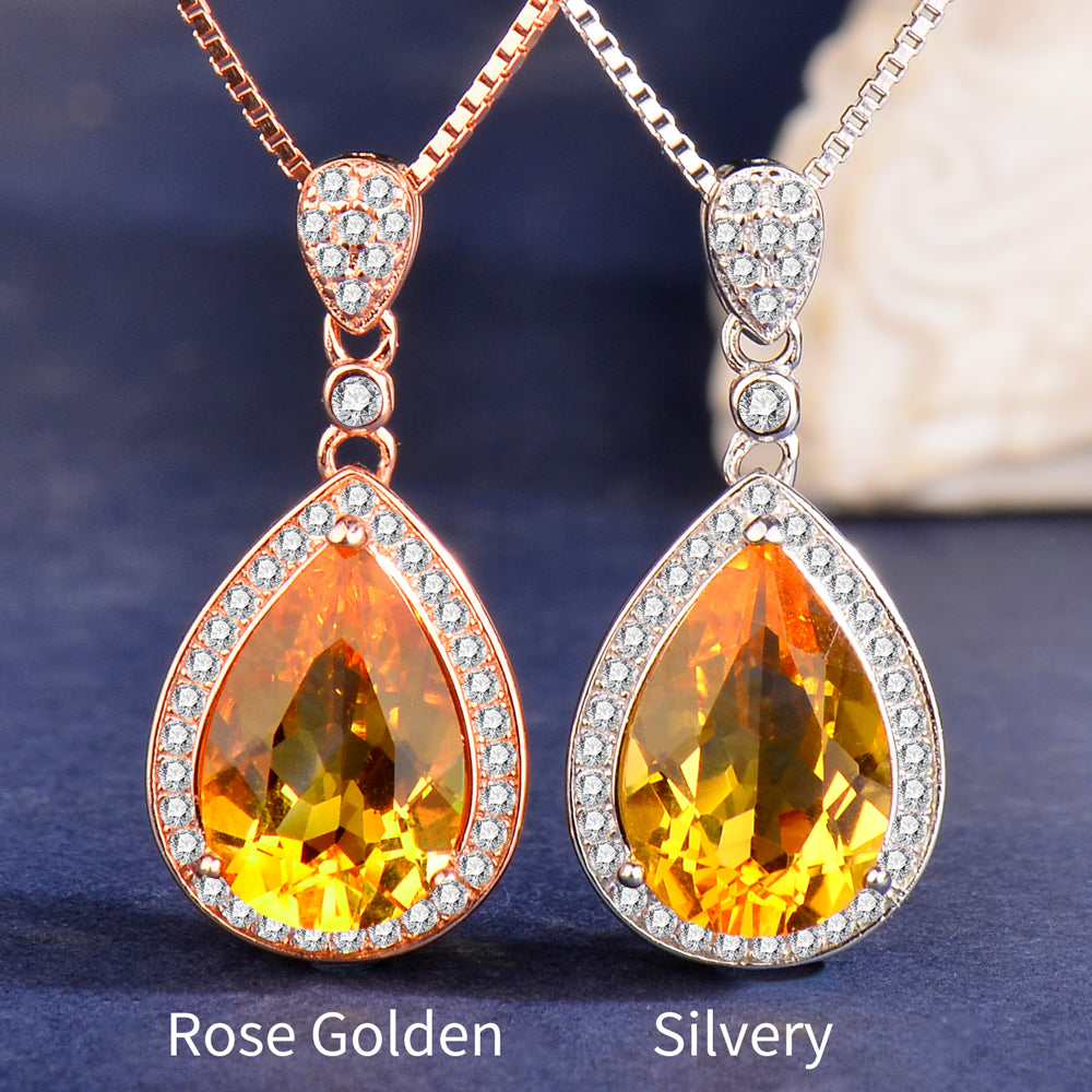 925 Sterling Silver Teardrop Citrine Pendant Necklace for Women - Elegant Yellow Crystal Halo Necklace, Rose Gold & Silver, Birthday & Holiday Gift