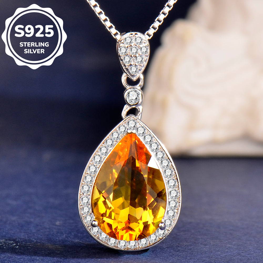 925 Sterling Silver Teardrop Citrine Pendant Necklace for Women - Elegant Yellow Crystal Halo Necklace, Rose Gold & Silver, Birthday & Holiday Gift
