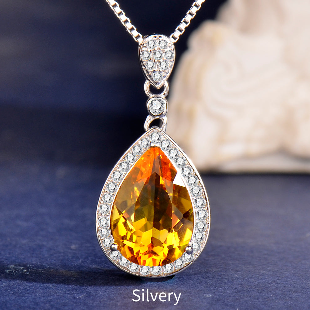 925 Sterling Silver Teardrop Citrine Pendant Necklace for Women - Elegant Yellow Crystal Halo Necklace, Rose Gold & Silver, Birthday & Holiday Gift