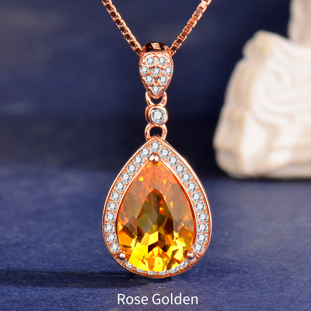 925 Sterling Silver Teardrop Citrine Pendant Necklace for Women - Elegant Yellow Crystal Halo Necklace, Rose Gold & Silver, Birthday & Holiday Gift