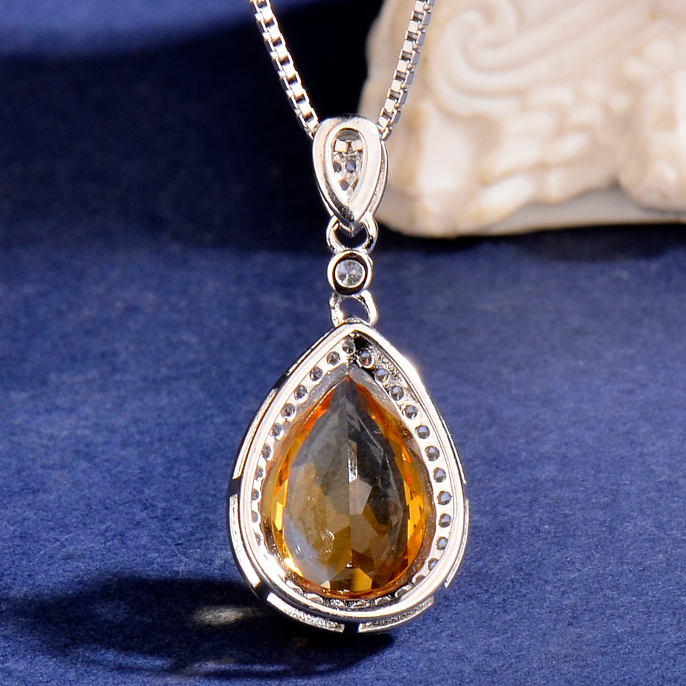 925 Sterling Silver Teardrop Citrine Pendant Necklace for Women - Elegant Yellow Crystal Halo Necklace, Rose Gold & Silver, Birthday & Holiday Gift