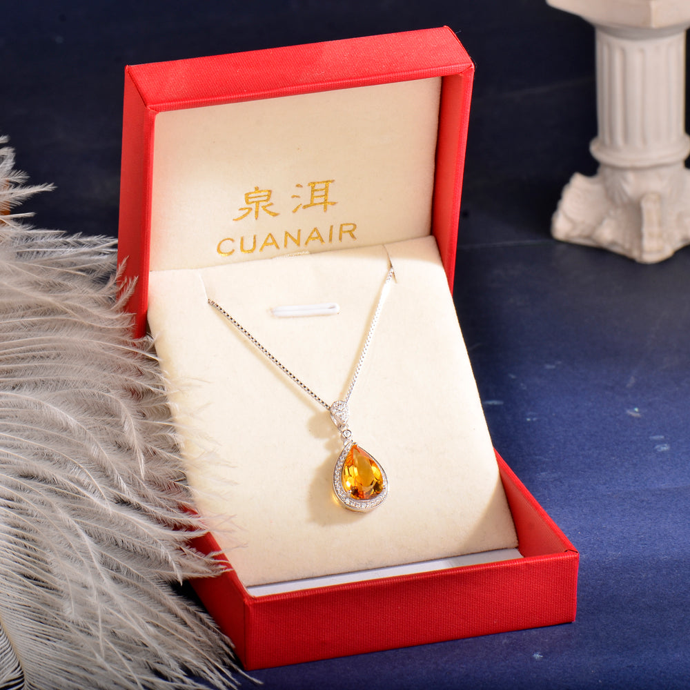 925 Sterling Silver Teardrop Citrine Pendant Necklace for Women - Elegant Yellow Crystal Halo Necklace, Rose Gold & Silver, Birthday & Holiday Gift