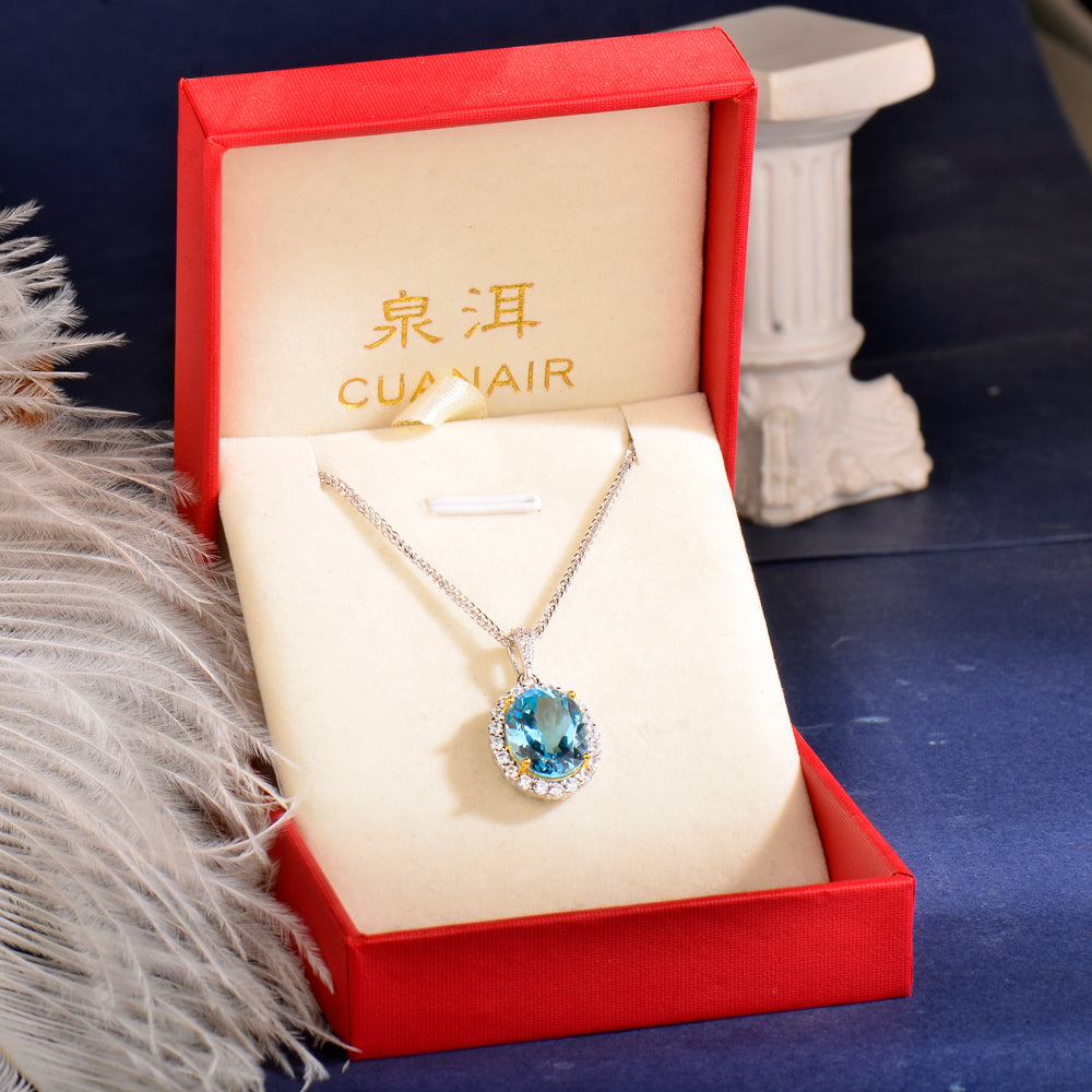 Fine Jewelry Natural Blue Topaz Oval Halo Pendant Necklace in S925 Sterling Silver – Luxury Sky Blue Gemstone Statement Necklace for Women, Elegant Gift of Timeless Sophistication