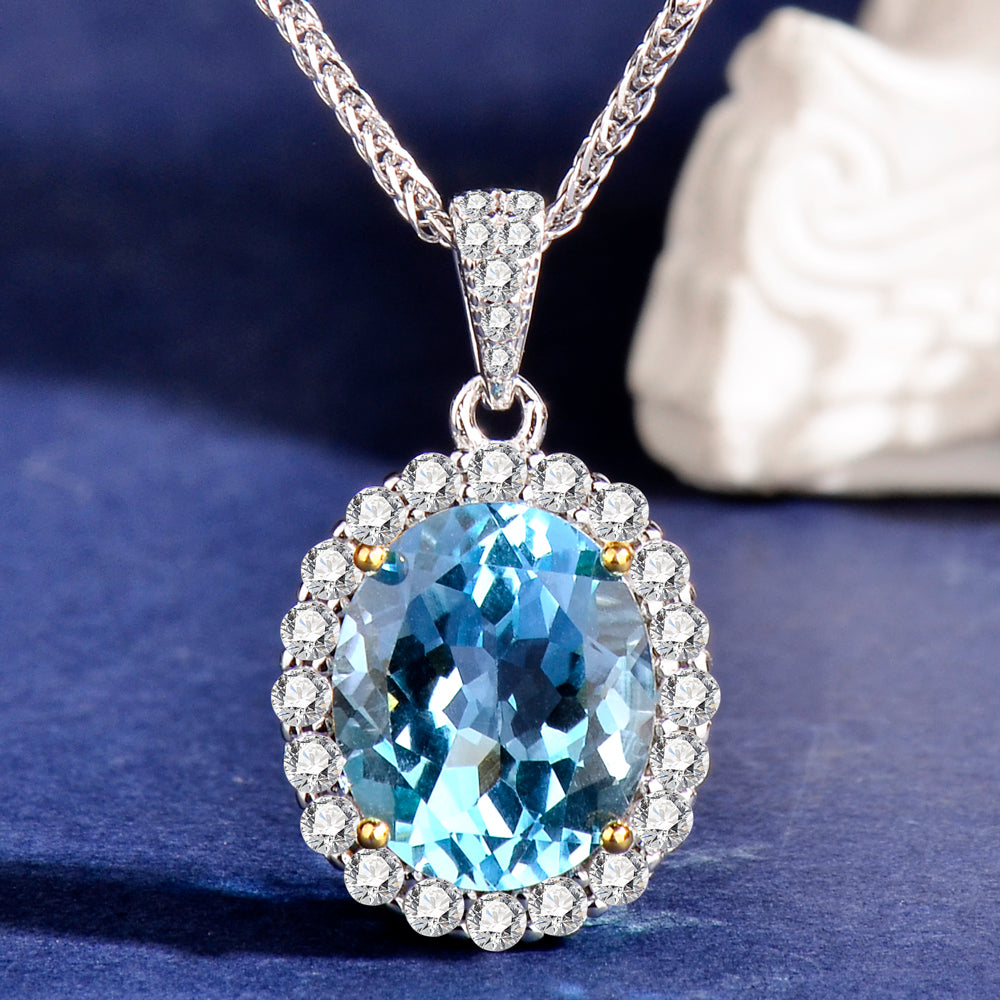 Fine Jewelry Natural Blue Topaz Oval Halo Pendant Necklace in S925 Sterling Silver – Luxury Sky Blue Gemstone Statement Necklace for Women, Elegant Gift of Timeless Sophistication