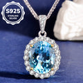 Fine Jewelry Natural Blue Topaz Oval Halo Pendant Necklace in S925 Sterling Silver – Luxury Sky Blue Gemstone Statement Necklace for Women, Elegant Gift of Timeless Sophistication