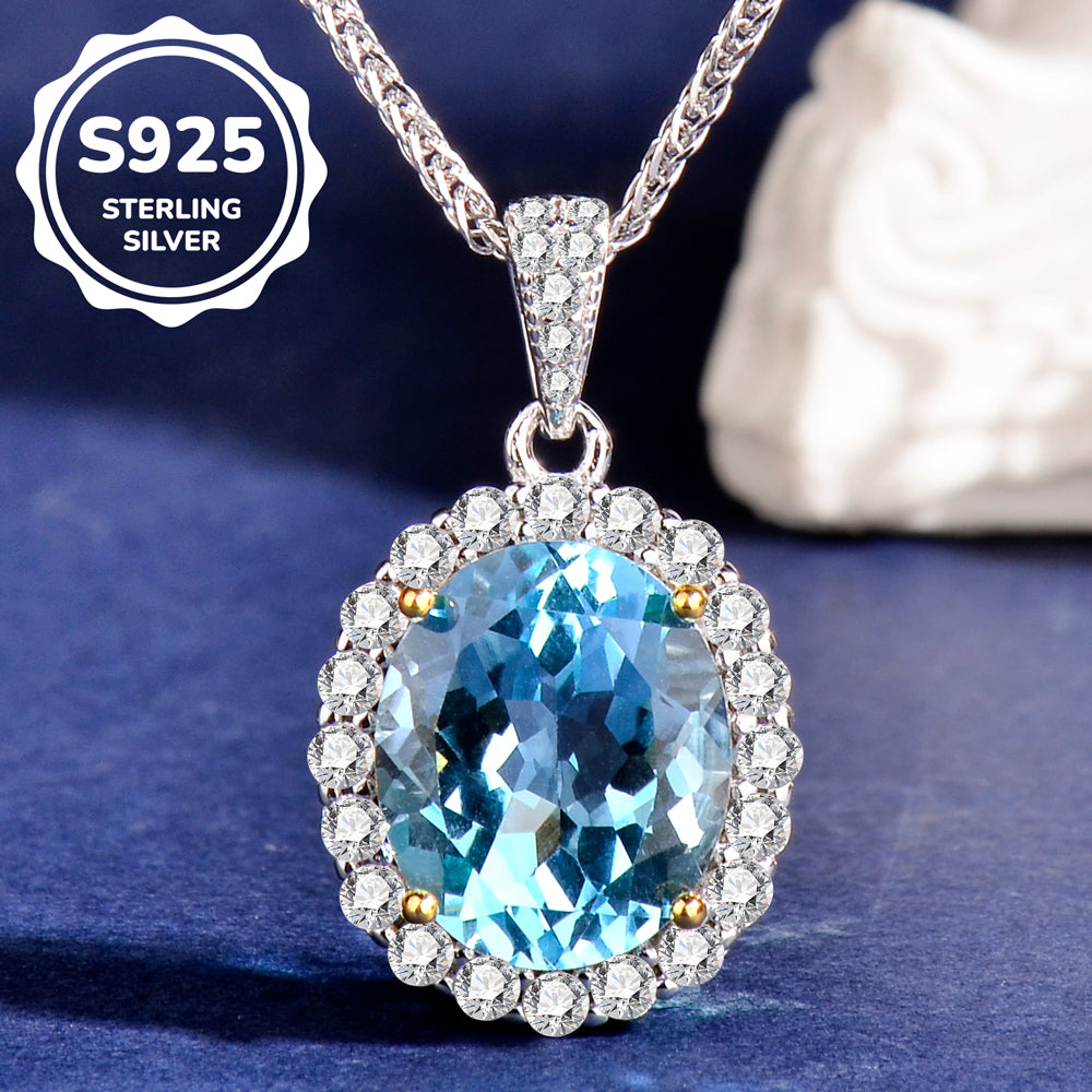 Fine Jewelry Natural Blue Topaz Oval Halo Pendant Necklace in S925 Sterling Silver – Luxury Sky Blue Gemstone Statement Necklace for Women, Elegant Gift of Timeless Sophistication