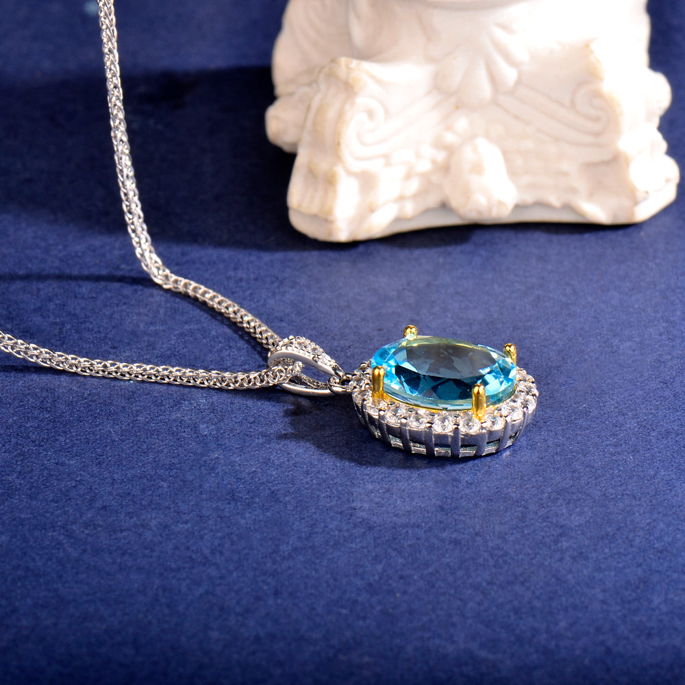 Fine Jewelry Natural Blue Topaz Oval Halo Pendant Necklace in S925 Sterling Silver – Luxury Sky Blue Gemstone Statement Necklace for Women, Elegant Gift of Timeless Sophistication