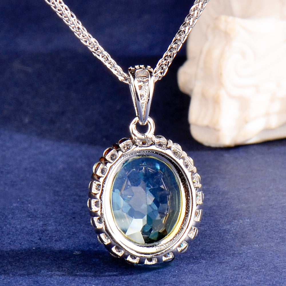 Fine Jewelry Natural Blue Topaz Oval Halo Pendant Necklace in S925 Sterling Silver – Luxury Sky Blue Gemstone Statement Necklace for Women, Elegant Gift of Timeless Sophistication