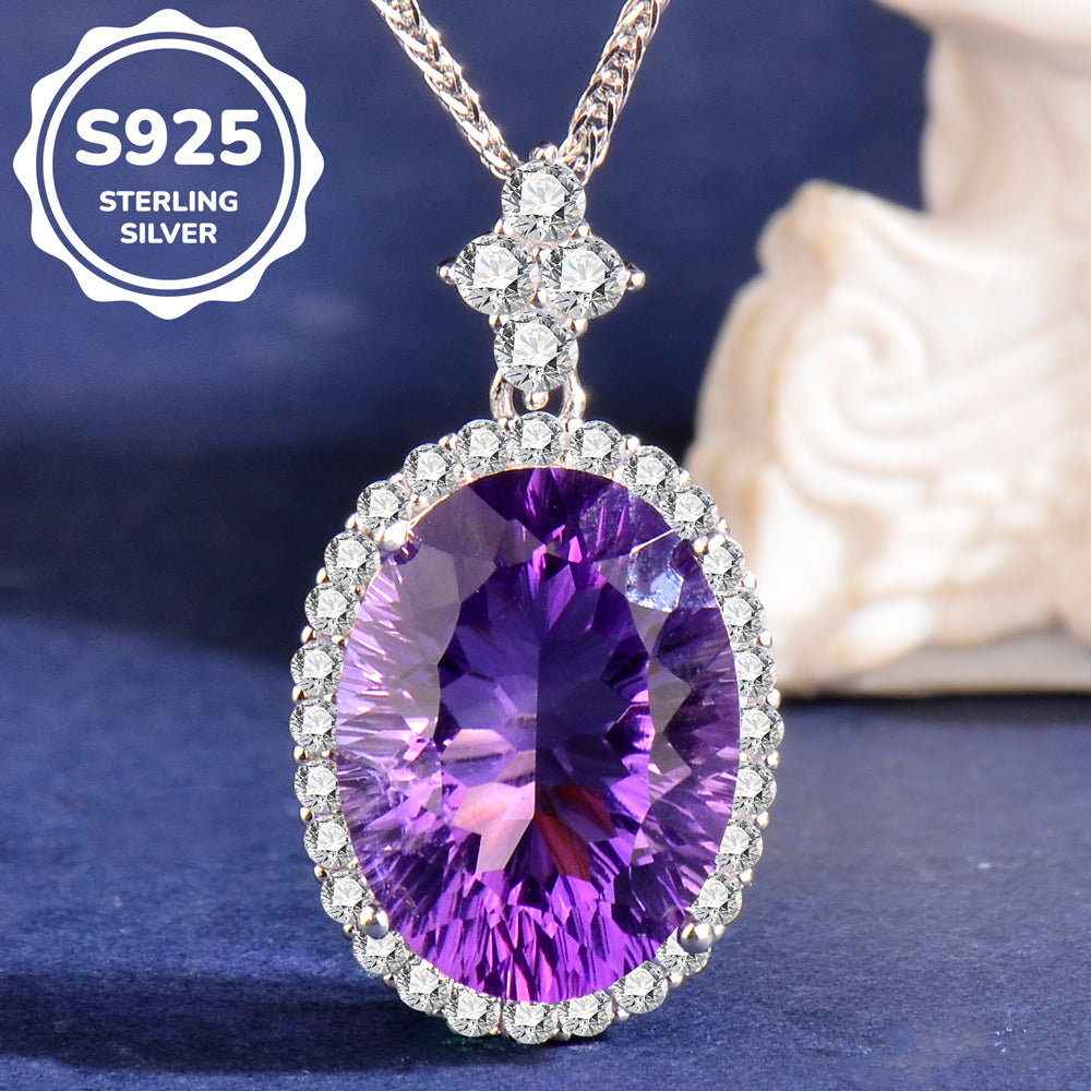25 Sterling Silver Natural Amethyst Pendant Necklace for Women – Elegant Purple Gemstone Halo Necklace, Dainty Fine Jewelry Gift for Her