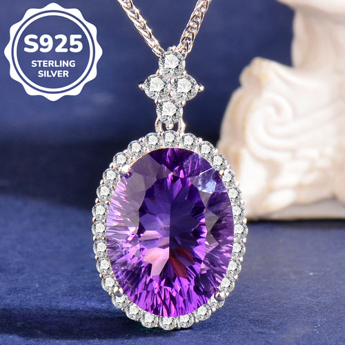 25 Sterling Silver Natural Amethyst Pendant Necklace for Women – Elegant Purple Gemstone Halo Necklace, Dainty Fine Jewelry Gift for Her