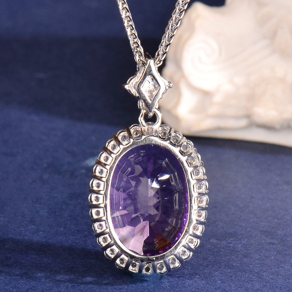 25 Sterling Silver Natural Amethyst Pendant Necklace for Women – Elegant Purple Gemstone Halo Necklace, Dainty Fine Jewelry Gift for Her