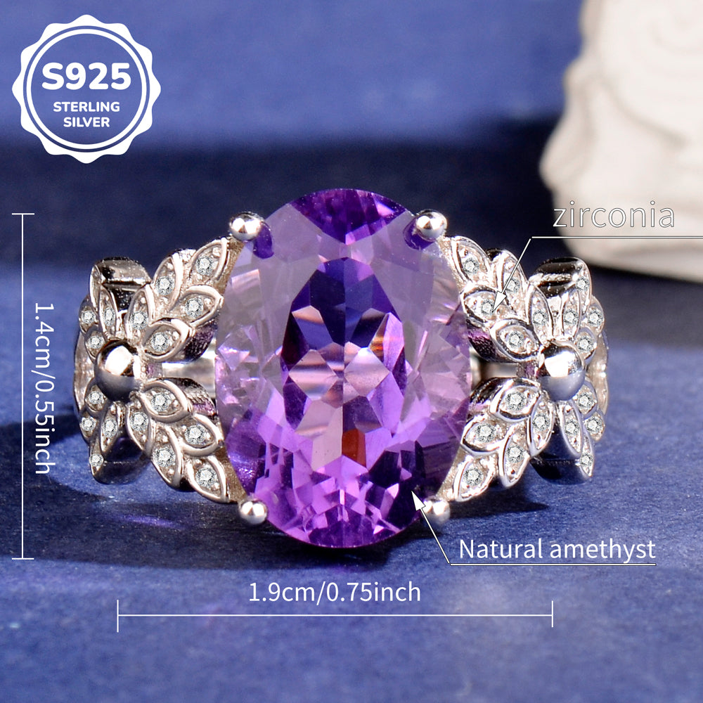 Natural Purple Amethyst Statement Ring, 925 Sterling Silver Adjustable Ring for Women, Sophisticated Birthday & Holiday Jewelry Gift for Her