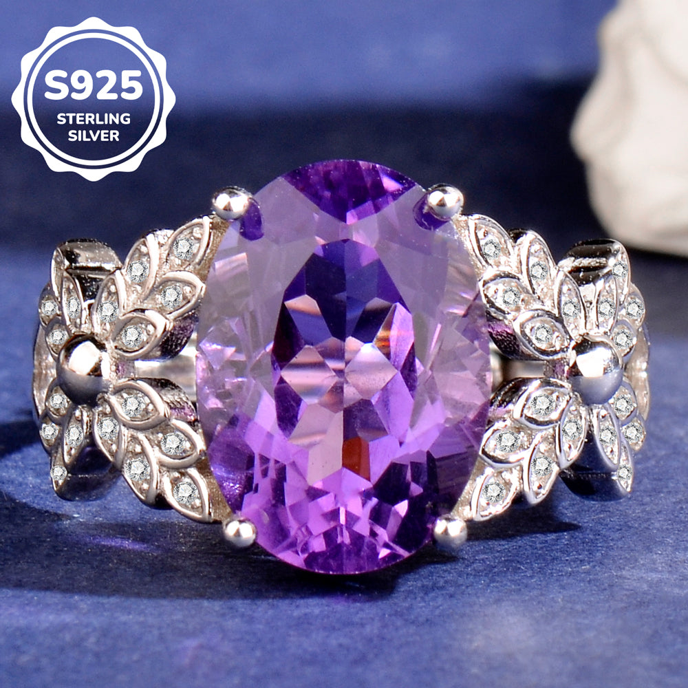 Natural Purple Amethyst Statement Ring, 925 Sterling Silver Adjustable Ring for Women, Sophisticated Birthday & Holiday Jewelry Gift for Her