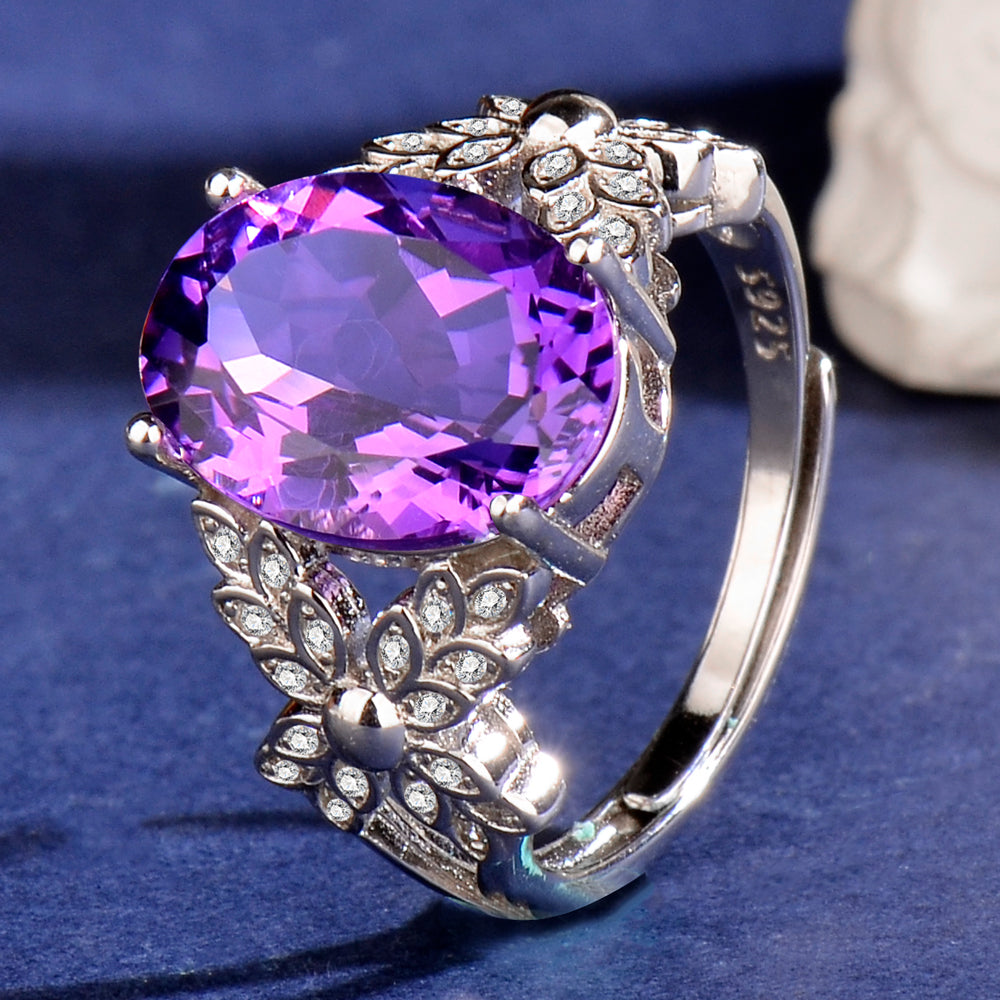 Natural Purple Amethyst Statement Ring, 925 Sterling Silver Adjustable Ring for Women, Sophisticated Birthday & Holiday Jewelry Gift for Her
