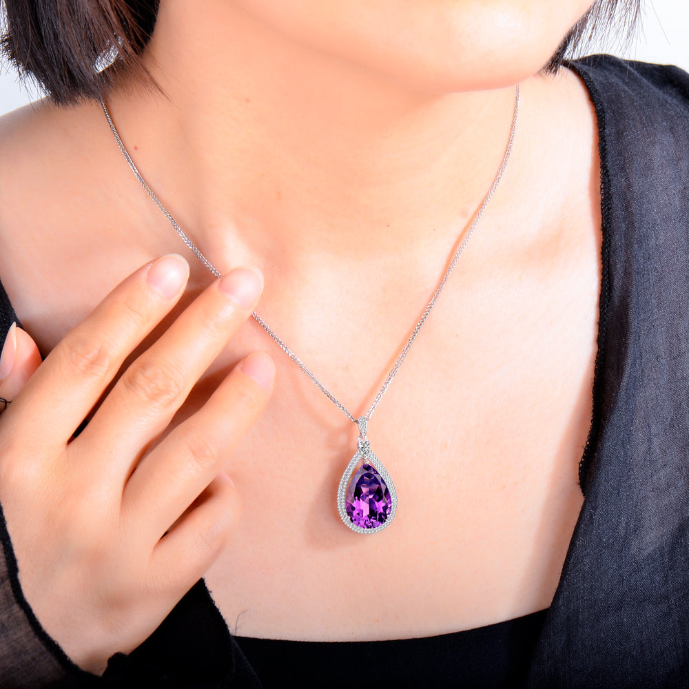 925 Sterling Silver Natural Amethyst Teardrop Pendant Necklace for Women – Elegant Purple Gemstone Jewelry Gift for Christmas, Valentine’s Day, Mother’s Day & Birthday