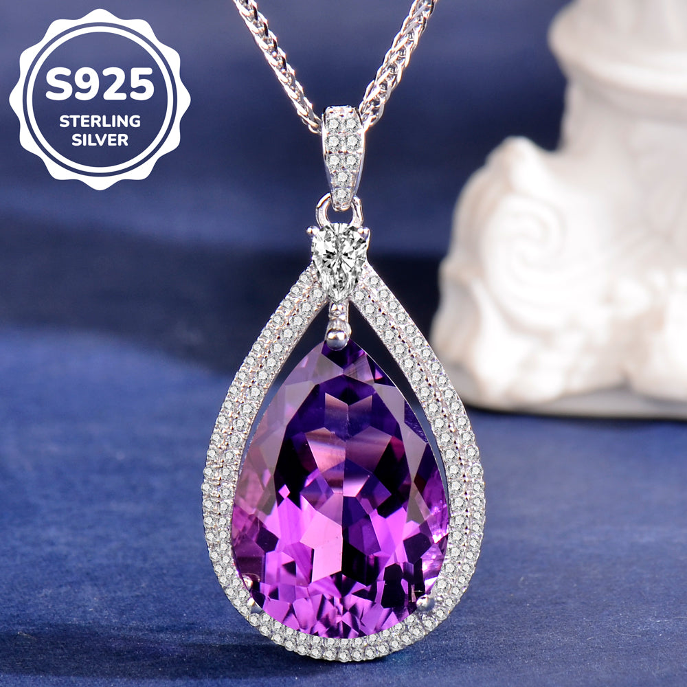 925 Sterling Silver Natural Amethyst Teardrop Pendant Necklace for Women – Elegant Purple Gemstone Jewelry Gift for Christmas, Valentine’s Day, Mother’s Day & Birthday
