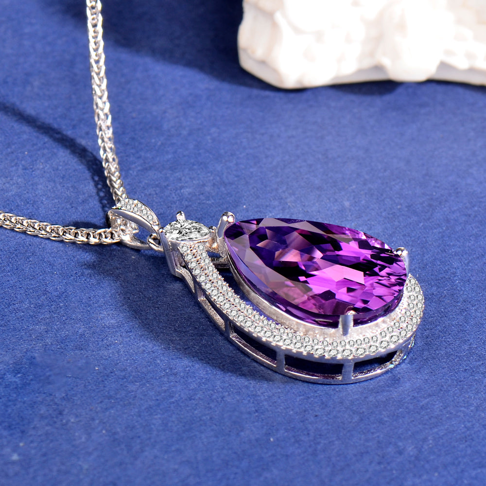 925 Sterling Silver Natural Amethyst Teardrop Pendant Necklace for Women – Elegant Purple Gemstone Jewelry Gift for Christmas, Valentine’s Day, Mother’s Day & Birthday