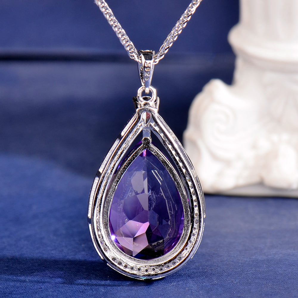 925 Sterling Silver Natural Amethyst Teardrop Pendant Necklace for Women – Elegant Purple Gemstone Jewelry Gift for Christmas, Valentine’s Day, Mother’s Day & Birthday
