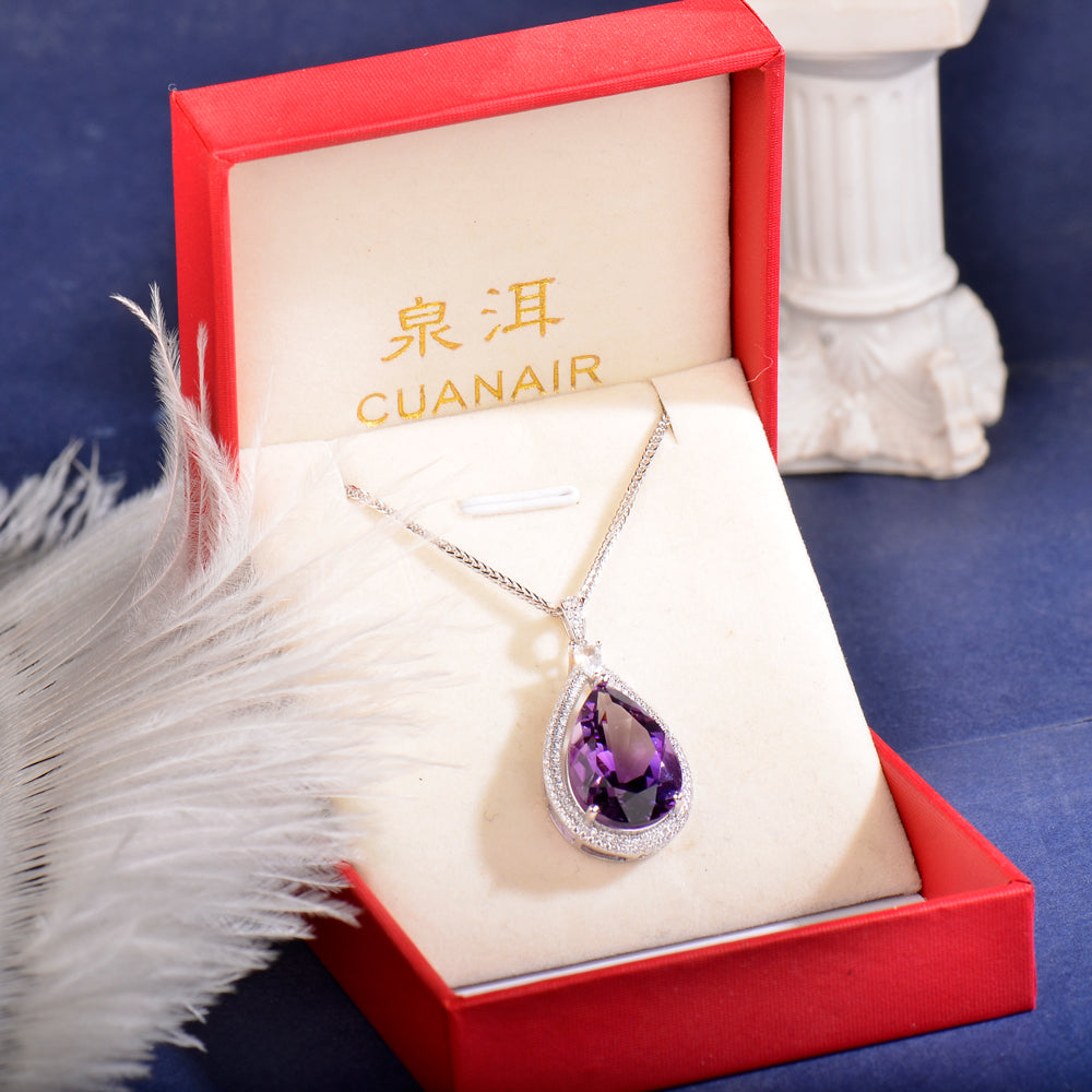 925 Sterling Silver Natural Amethyst Teardrop Pendant Necklace for Women – Elegant Purple Gemstone Jewelry Gift for Christmas, Valentine’s Day, Mother’s Day & Birthday