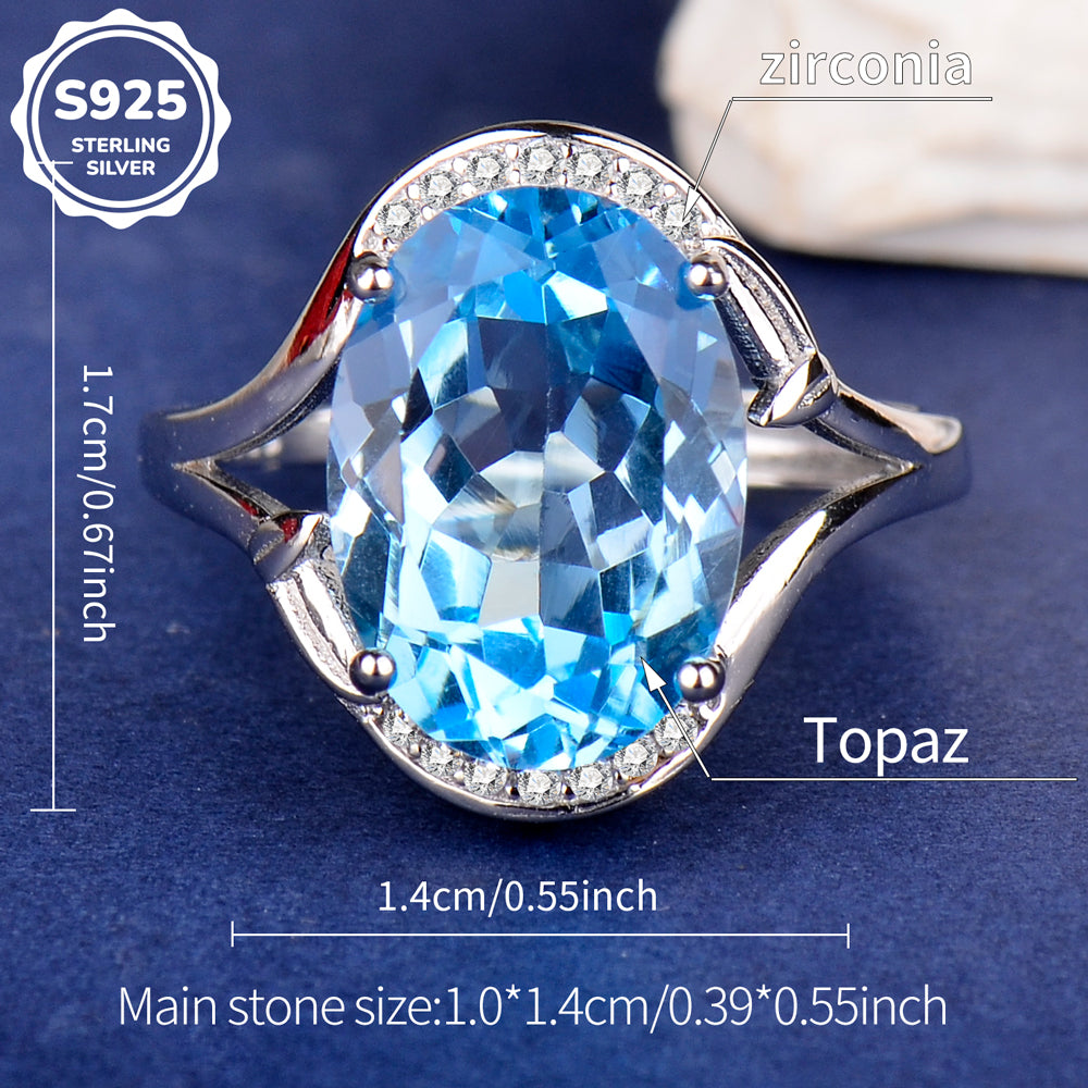 Adjustable S925 Sterling Silver Natural Blue Topaz Ring for Women | 10x14mm Oval Cut Open Size Luxury Ring, Elegant Zirconia Jewelry, Perfect Valentine's, Mother's Day, Birthday, Thanksgiving & Christmas Gift