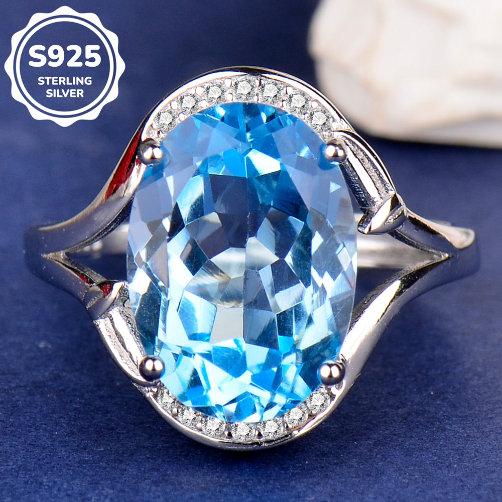 Adjustable S925 Sterling Silver Natural Blue Topaz Ring for Women | 10x14mm Oval Cut Open Size Luxury Ring, Elegant Zirconia Jewelry, Perfect Valentine's, Mother's Day, Birthday, Thanksgiving & Christmas Gift
