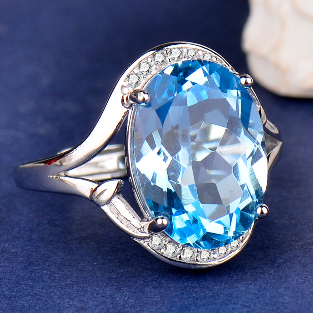 Adjustable S925 Sterling Silver Natural Blue Topaz Ring for Women | 10x14mm Oval Cut Open Size Luxury Ring, Elegant Zirconia Jewelry, Perfect Valentine's, Mother's Day, Birthday, Thanksgiving & Christmas Gift