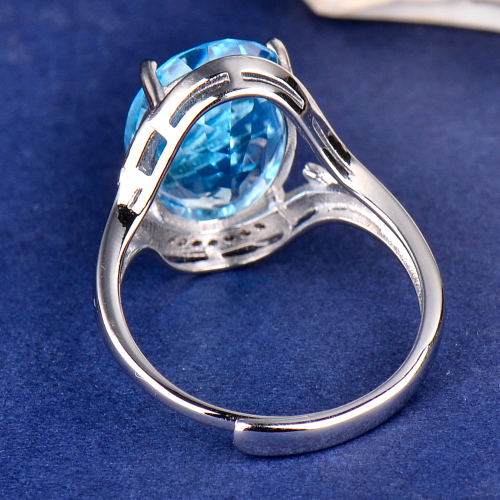 Adjustable S925 Sterling Silver Natural Blue Topaz Ring for Women | 10x14mm Oval Cut Open Size Luxury Ring, Elegant Zirconia Jewelry, Perfect Valentine's, Mother's Day, Birthday, Thanksgiving & Christmas Gift