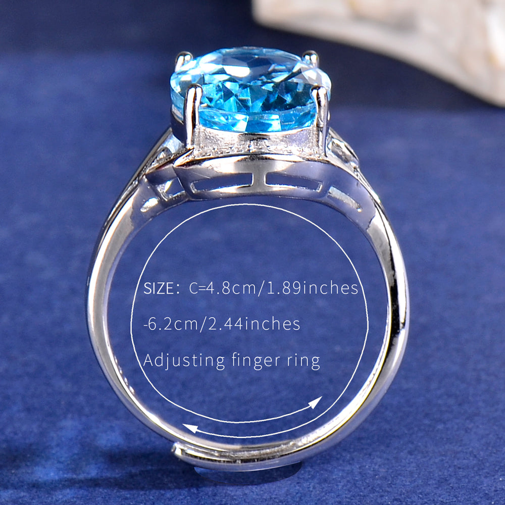 Adjustable S925 Sterling Silver Natural Blue Topaz Ring for Women | 10x14mm Oval Cut Open Size Luxury Ring, Elegant Zirconia Jewelry, Perfect Valentine's, Mother's Day, Birthday, Thanksgiving & Christmas Gift
