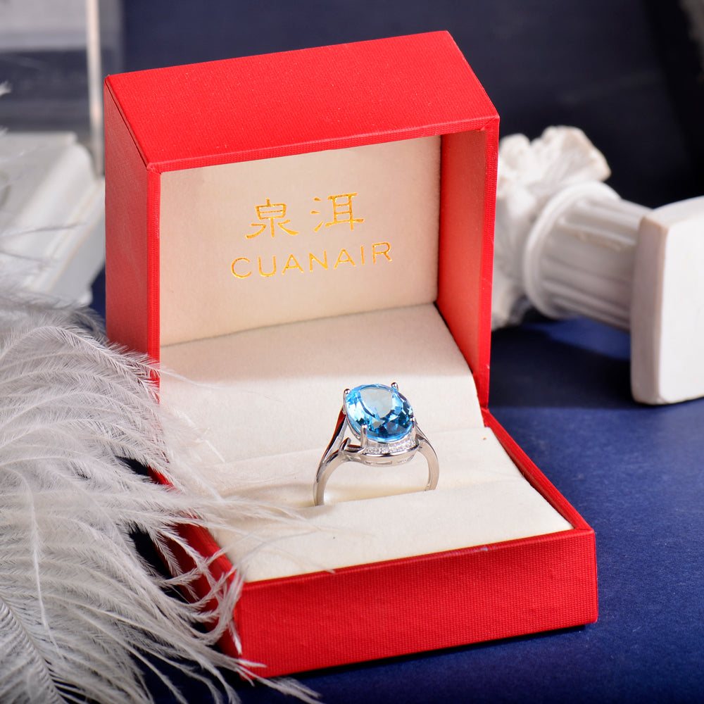 Adjustable S925 Sterling Silver Natural Blue Topaz Ring for Women | 10x14mm Oval Cut Open Size Luxury Ring, Elegant Zirconia Jewelry, Perfect Valentine's, Mother's Day, Birthday, Thanksgiving & Christmas Gift