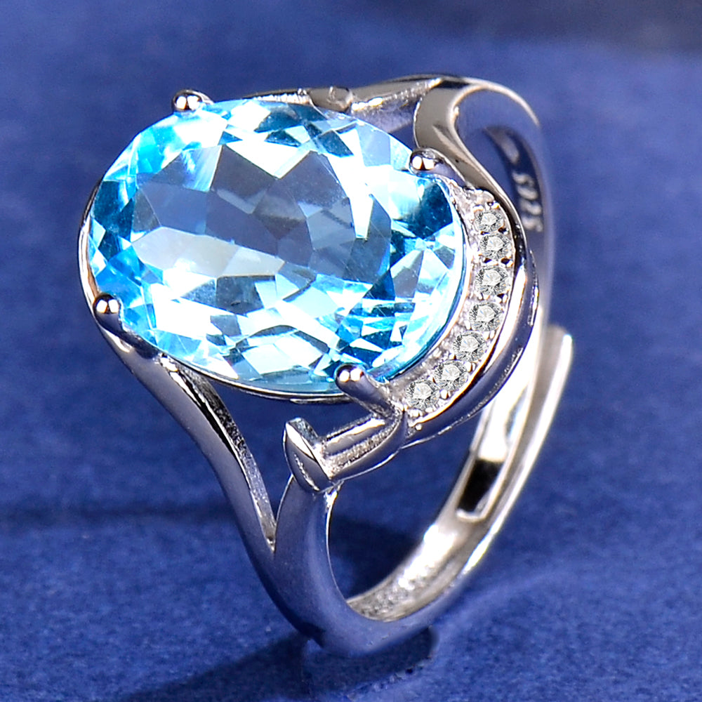 Adjustable S925 Sterling Silver Natural Blue Topaz Ring for Women | 10x14mm Oval Cut Open Size Luxury Ring, Elegant Zirconia Jewelry, Perfect Valentine's, Mother's Day, Birthday, Thanksgiving & Christmas Gift